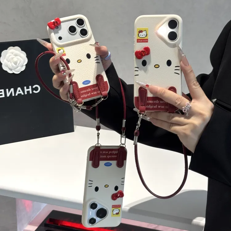 皮纹kitty蝴蝶结挂绳适用17苹果16手机壳iPhone15小米vivoppo华为