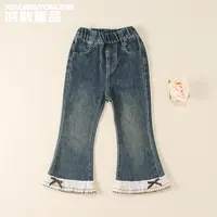 双花边裤脚女童牛仔裤3C3036