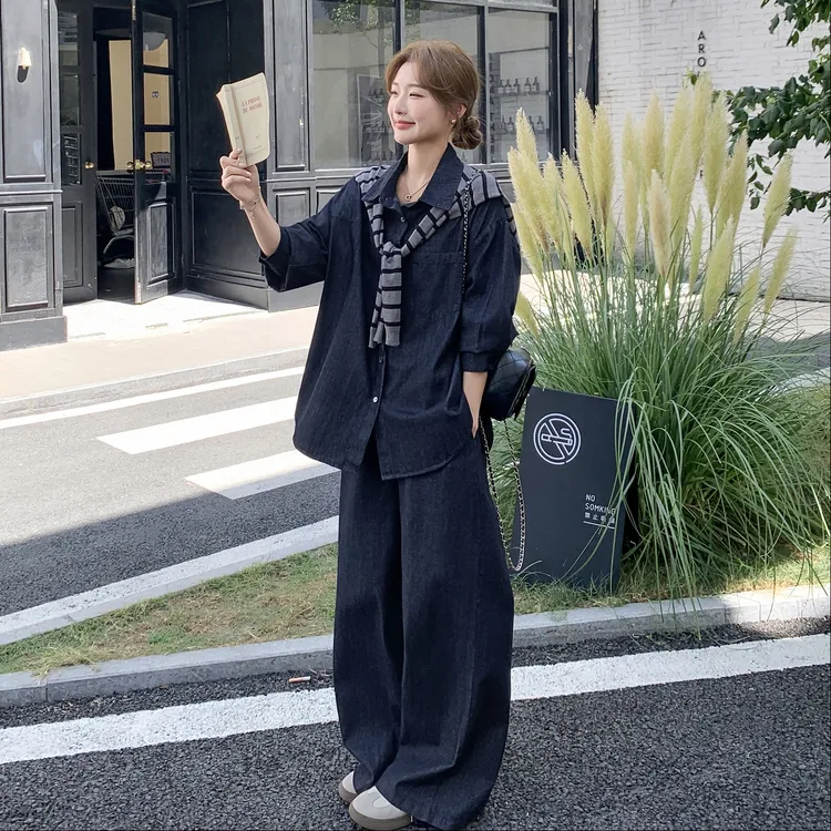 超好看牛仔套装女2025秋季新款牛仔阔腿裤上衣三件套高级感套装