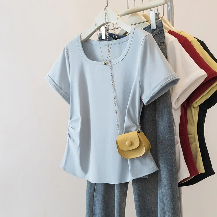 大码女装2025夏季新款百搭ins修身纯色小众韩版短袖T恤上衣2078
