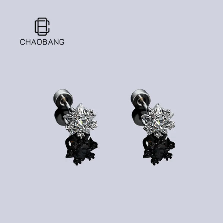 chaobang/潮邦 钛钢耳饰 超闪五角星锆石耳钉小众螺丝平底耳骨钉