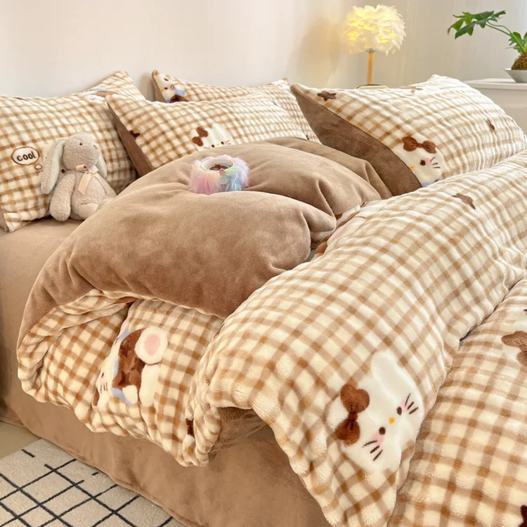 可爱风泡泡牛奶绒四件套冬季加绒保暖床上用品学生宿舍单人三件套