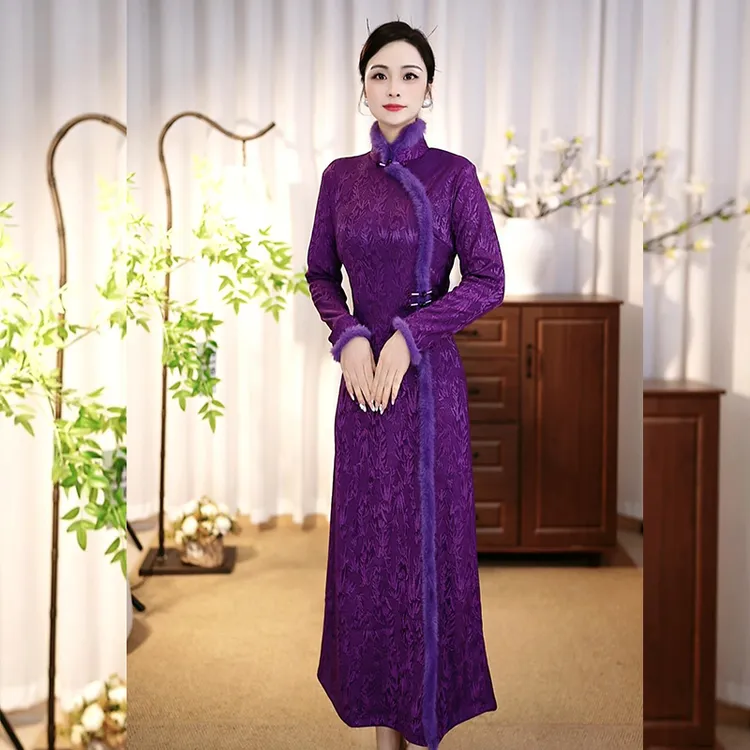 [Feel438]新款高端提花复古长袖中国风加绒加厚冬款旗袍连衣裙