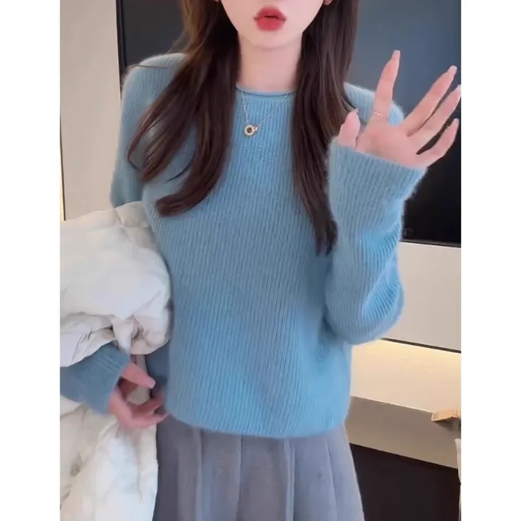 卷边圆领蓝色针织衫软糯毛衣女秋冬2025新款复古洋气百搭长袖上衣