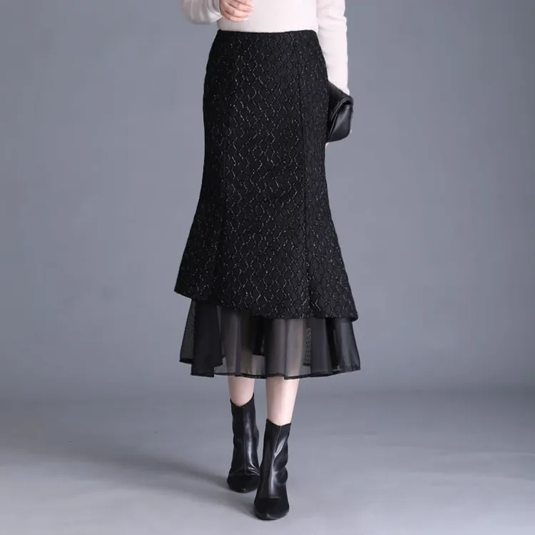小香风银丝鱼尾裙半身裙女2025新款秋冬高腰中长裙加厚a字包臀裙