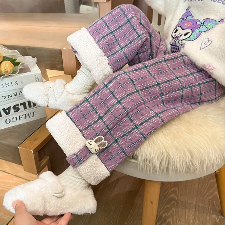 女童加绒裤子秋冬款2025新款儿童冬季一体绒毛呢女宝宝紫色阔腿裤