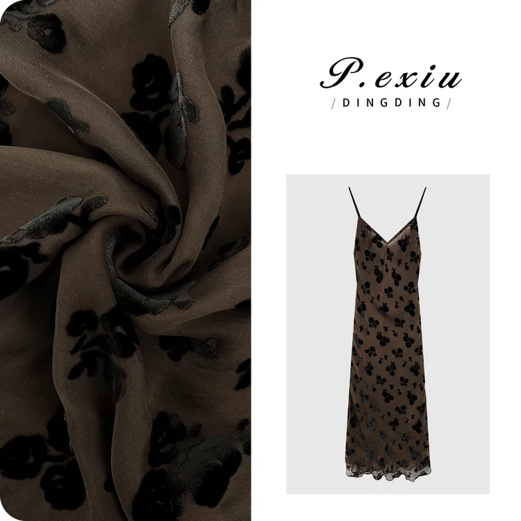 PanYiXiu/潘依绣【落入晚风】真丝-人丝植绒法式吊带连衣裙M8637