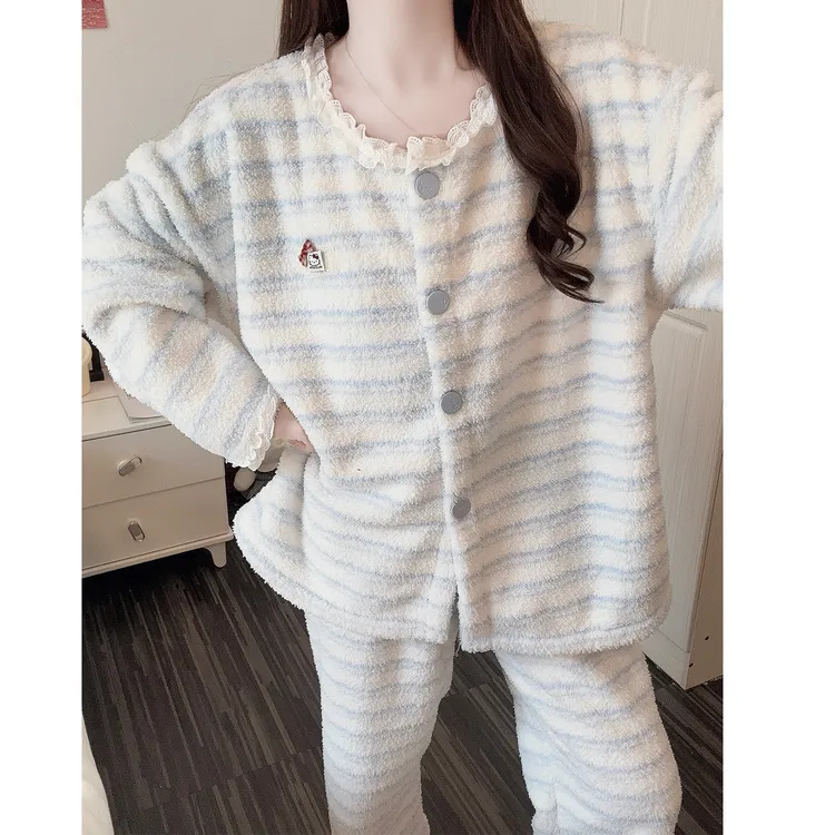 【半边绒】睡衣女秋冬季2025新款保暖网红花边条纹高颜值家居服套装