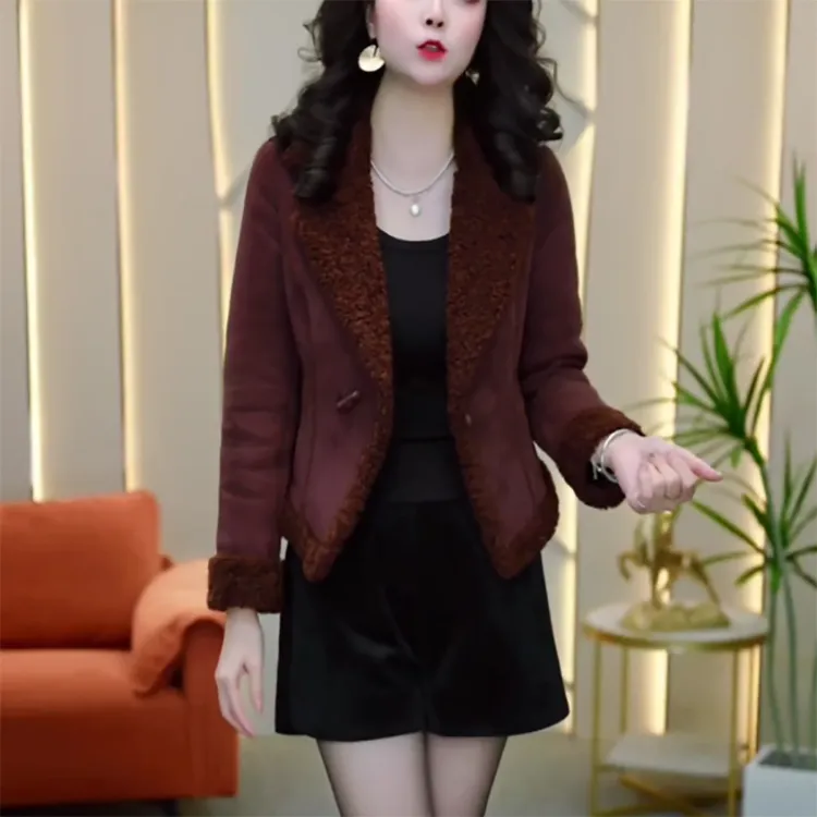 冬季加厚保暖麂皮绒皮毛一体网红款外套时尚气质百搭显瘦修身收腰