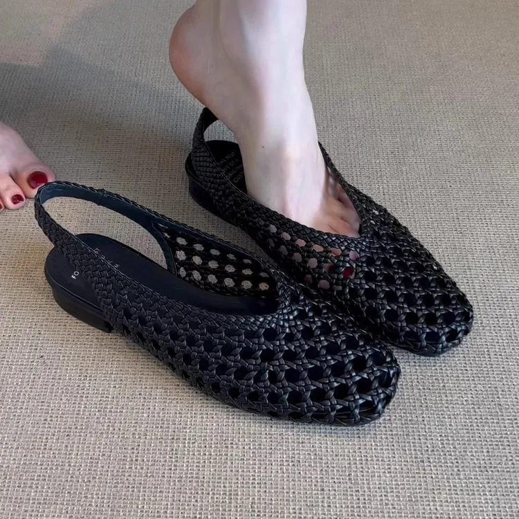羊皮版~法式复古风编织镂空包头凉鞋女新款气质百搭后绊带罗马鞋