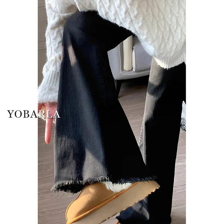 黑色弹力微喇牛仔裤女春夏新款高腰显瘦修身大码胖mm毛边喇叭裤子