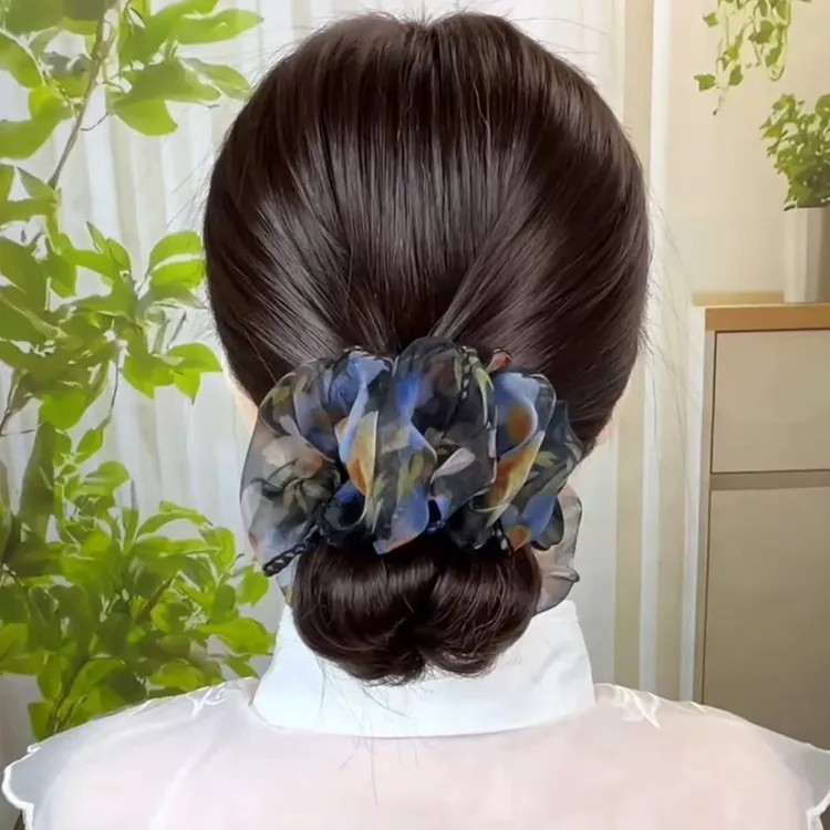 法式复古雪纺丸子头抓夹女优雅盘发夹后脑勺大号发饰头花发抓气质