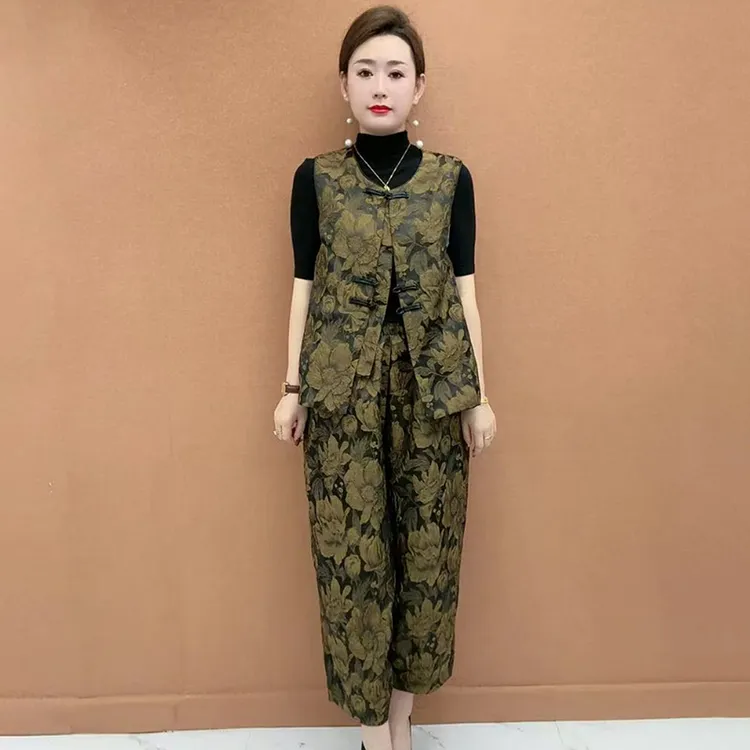 高档提花盘扣马甲两件套春夏大码休闲无袖坎肩背心马夹花苞裤套装