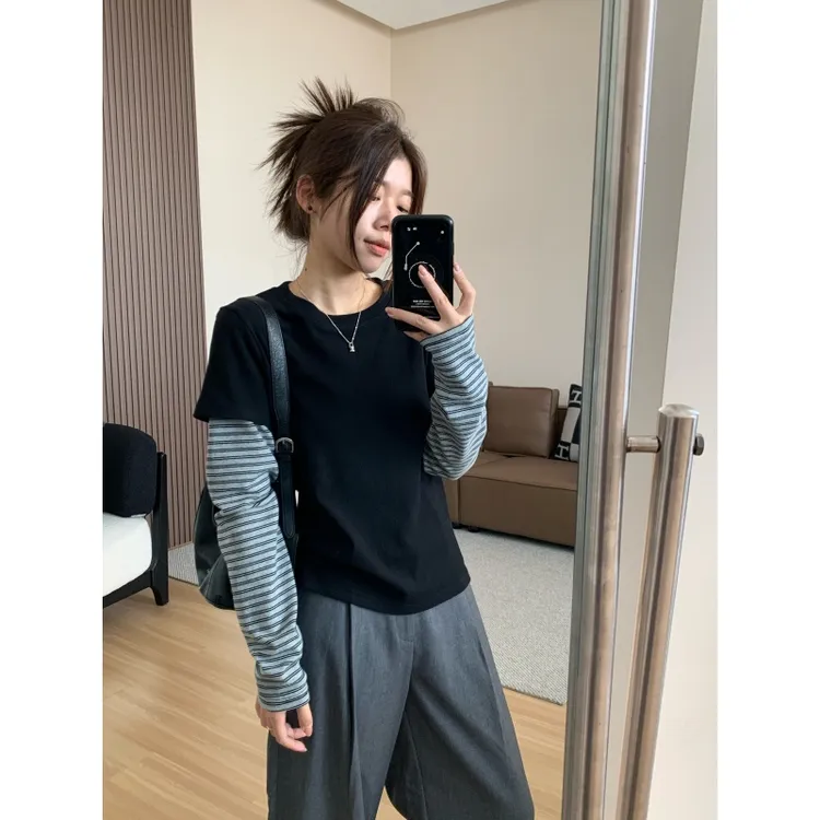 JMHH【果烙】条纹袖设计感假两件长袖T恤女春秋宽松显瘦套头上衣