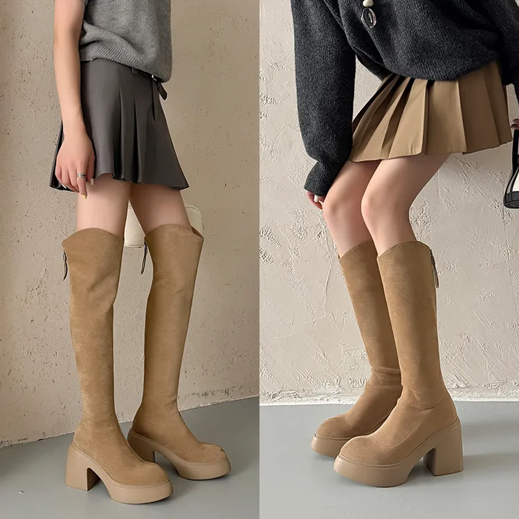 10cm超高跟尖头高跟高筒靴小个子增高防水台后拉链过膝2025女靴