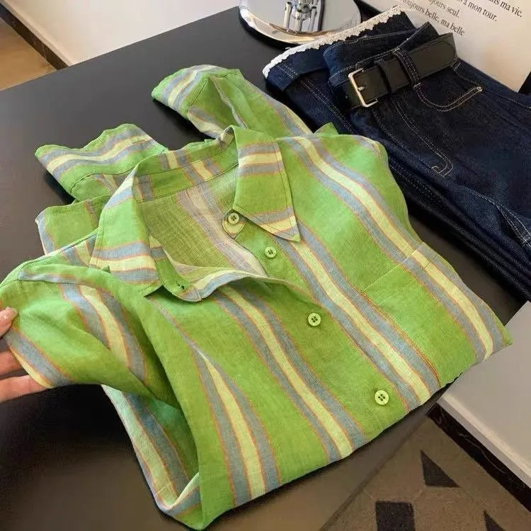韩系慵懒风绿色条纹衬衫女春夏新款宽松外搭防晒衬衣别致长袖上衣