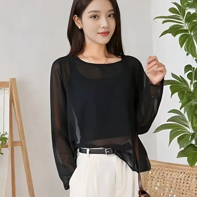 2025新款上衣夏季搭配半裙长袖宽松薄款罩衫百搭洋气