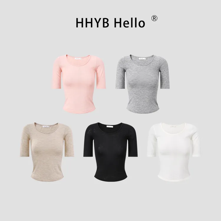 HHYB Hello高级感圆领薄款短袖T恤女2025秋新款修身显瘦上衣M1319