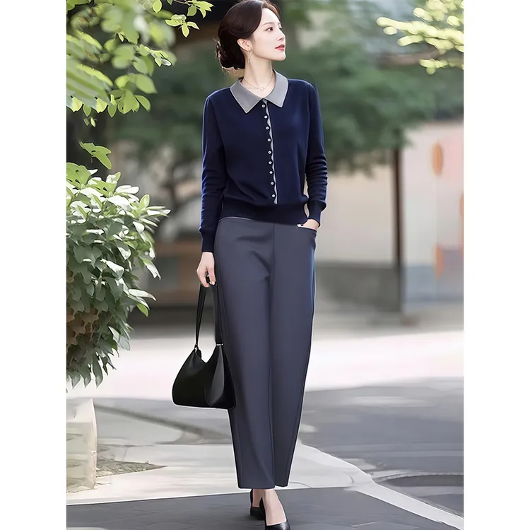 拼色娃娃领洋气显瘦针织上衣女春秋装薄款毛衣气质百搭打底假开衫