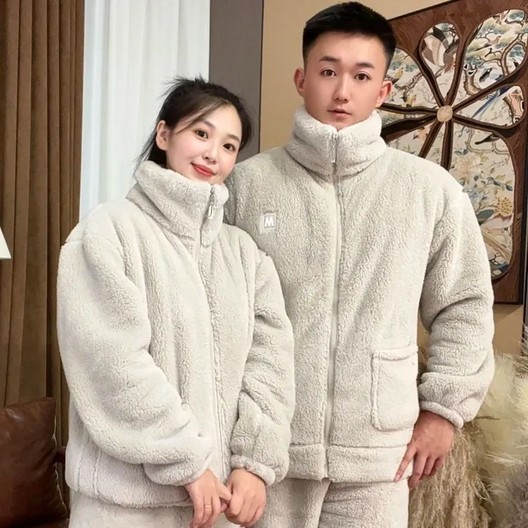 2025新款冬季加绒加厚海岛绒休闲可外穿情侣家居睡衣套装