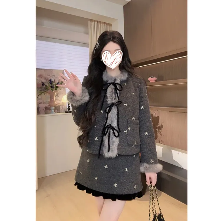 【高智千金】立领毛毛显瘦气质小香外套高腰长/短半身裙时尚套装