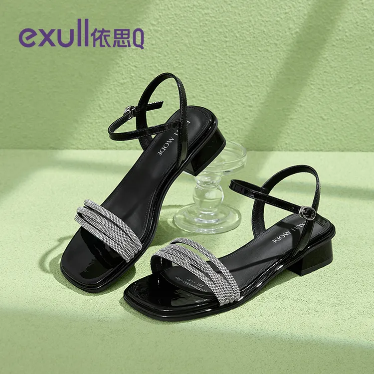 EXULL/依思Q水钻凉鞋女外穿2025新款夏季黑色高跟鞋粗跟精致凉鞋
