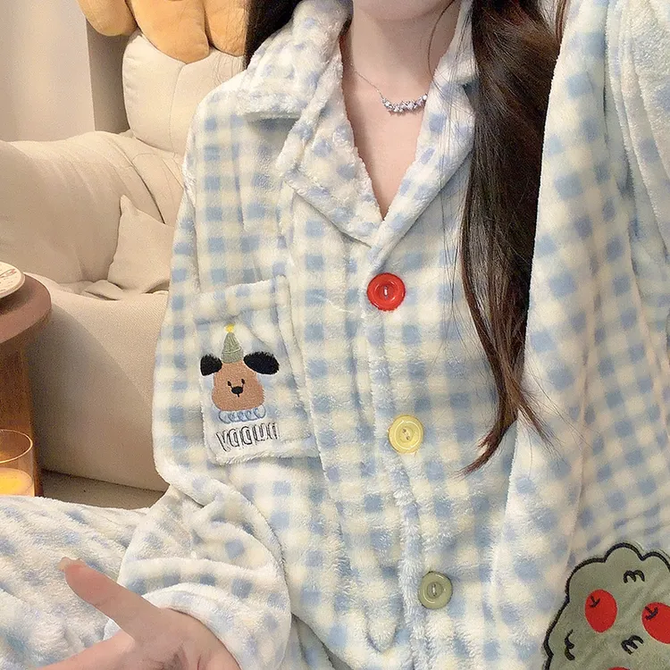 蓝格树与狗狗睡衣女秋冬季法兰绒长袖甜美宽松加绒加厚保暖家居服