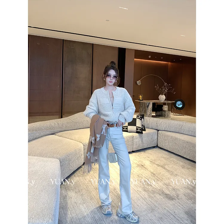 媛媛【腿长1.1m】米白色阔腿牛仔裤女秋新款中腰直筒拖地裤#K1193