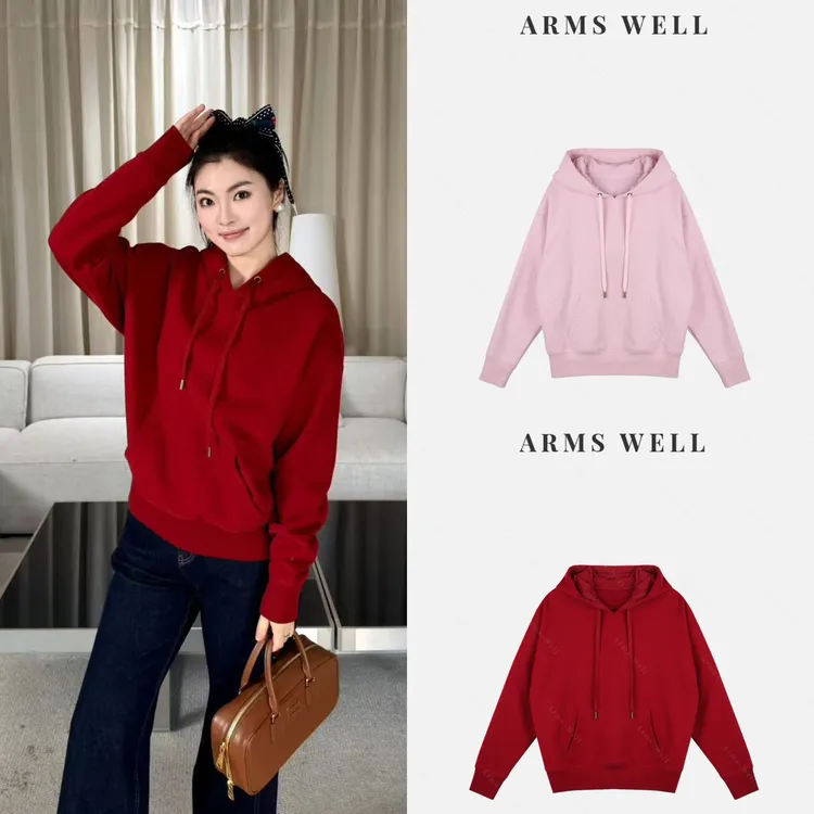 ARMS WELL王囡囡 红/粉色抽绳连帽宽版卫衣外套 L299