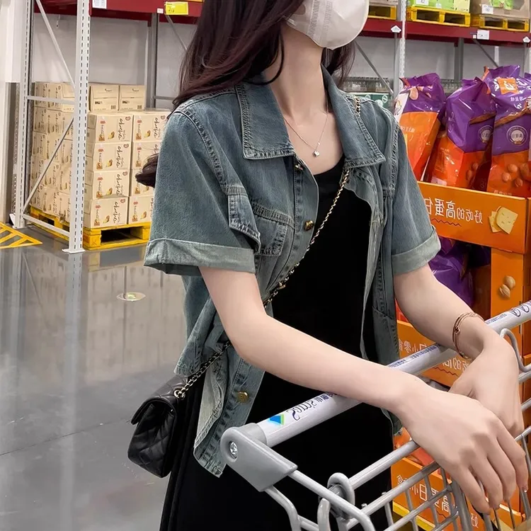 美式复古牛仔外套女设计感小众小个子薄款短款百搭polo领短袖上衣