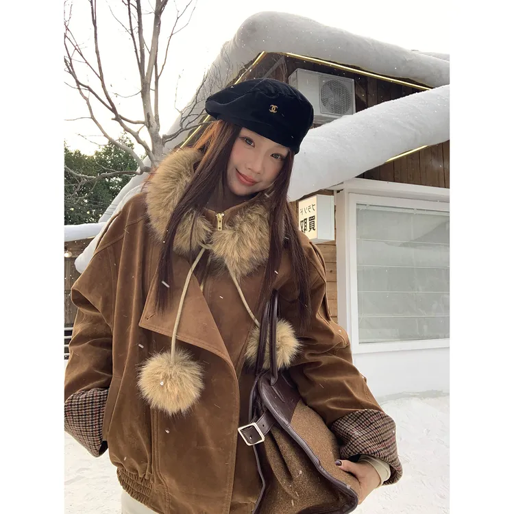 【恋冬妹外套】冬季复古时尚拼接格子球球HD短外套254N4444