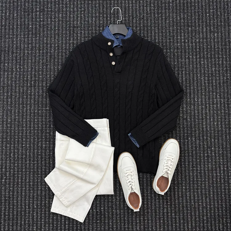 MIGSIMHE·冬季重磅老钱亨利领麻花针织羊毛衫男士半高领保暖毛衣