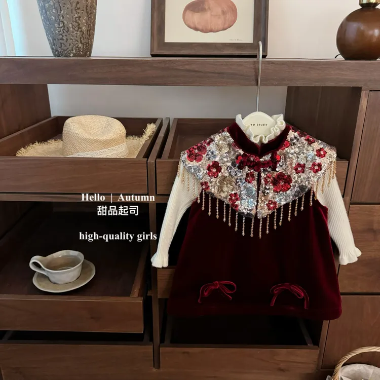 【甜品起司】爆闪！新年款重工定制女童加绒新中式国风丝绒旗袍裙