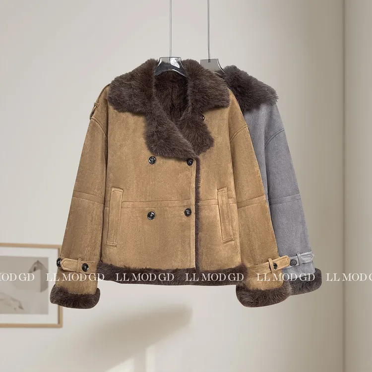 纽约时报 冬季麂皮绒皮毛一体复古百搭大翻领毛毛外套YL-263467