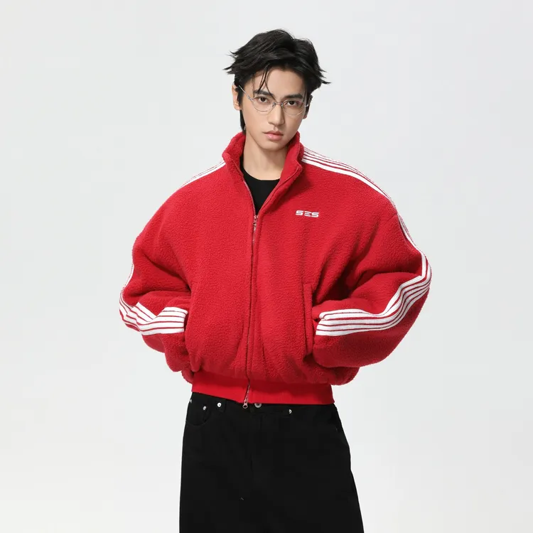 vintage秋冬美式复古拼接条纹撞色短款棒球夹海绵拉链开衫外套潮