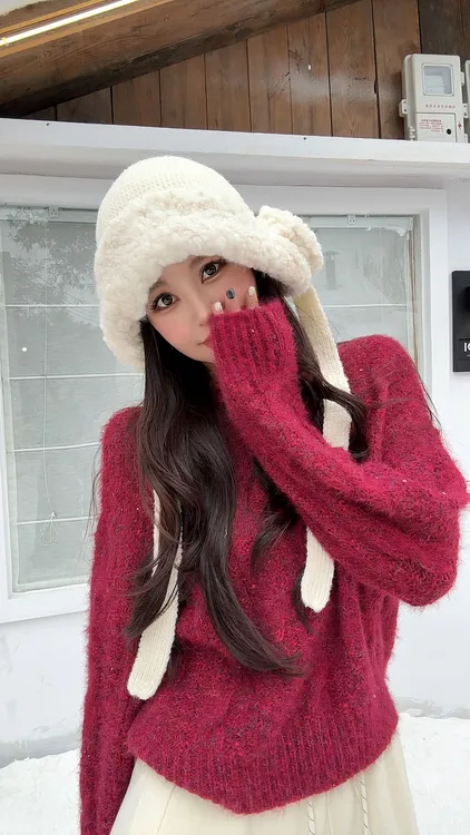 楚楚君 Laugh girl【蔓越莓红】秋冬圆领轻奢显白红色毛衣XL53953J