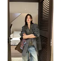 JCCC影子【温莎印记】蓝灰人字纹拼皮短款单面呢西装外套JE5GME10