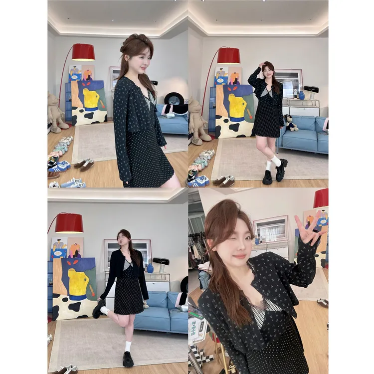 晶咕【初恋露易丝】小众格子欧若风V领碎花波点连衣裙+短款