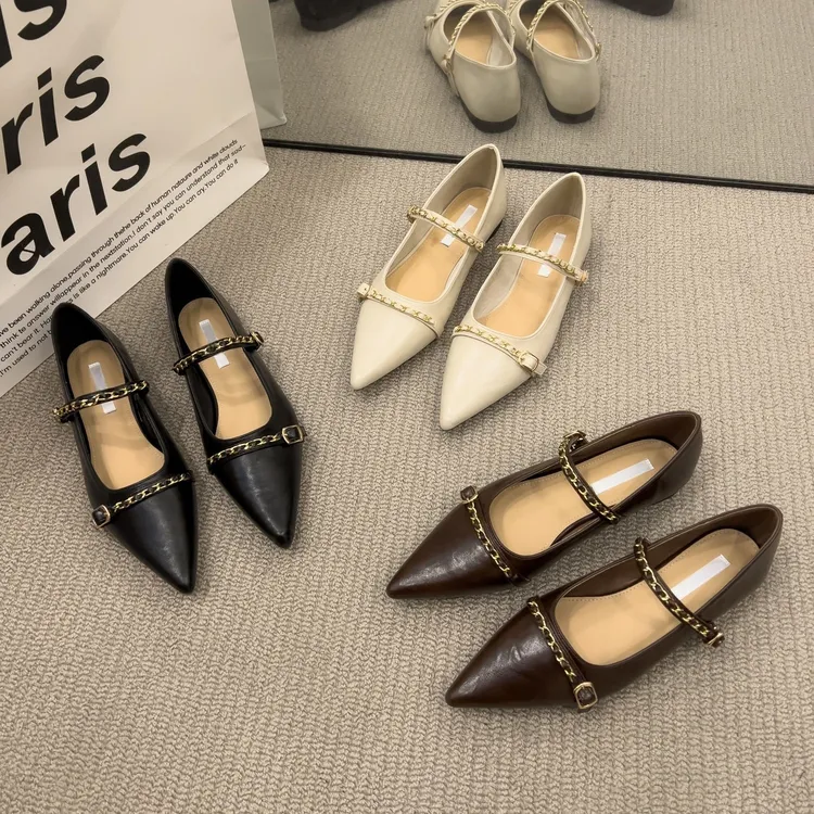 法式尖头单鞋女鞋子2025年春季新款温柔晚晚风百搭金属链玛丽珍鞋