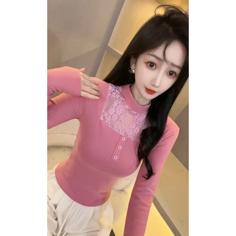 【双面德绒加厚娜哥8021】蕾丝领打底衫女长袖内搭秋冬长袖修身保暖