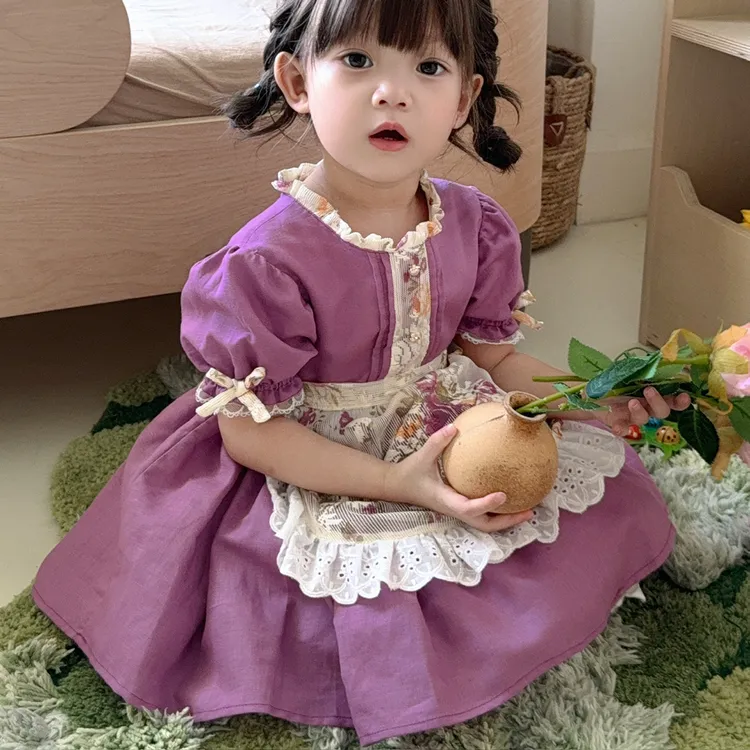 jannybb26S复古玫瑰可拆卸围裙连衣裙蓬蓬裙套装女童洛丽塔棉麻紫