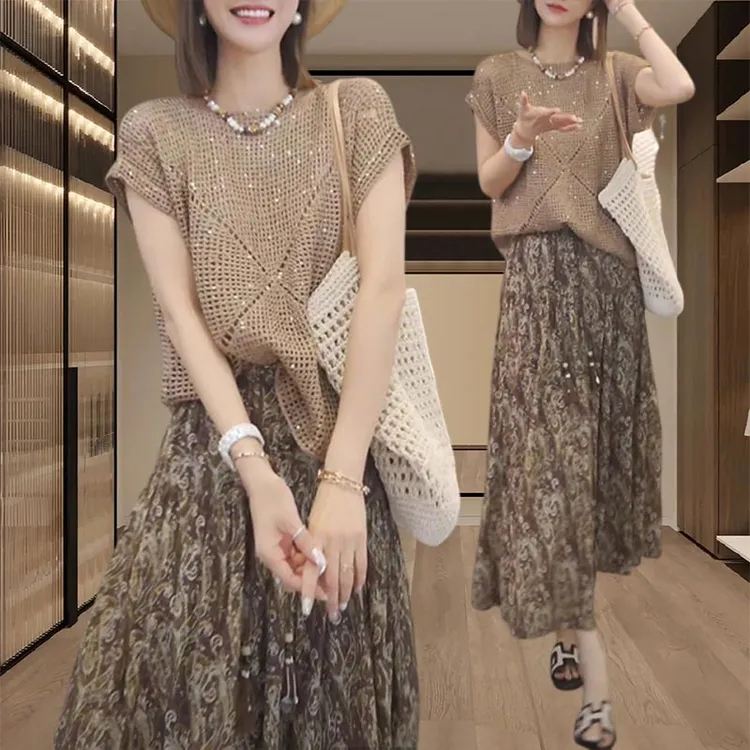 法式时尚套装2025年夏季新款高级感女装气质上衣碎花半身裙两件套