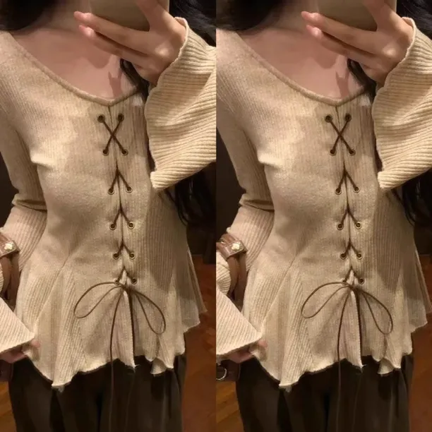 (浠儿家)秋季设计感绑带设计收腰显瘦喇叭袖系带小衫女