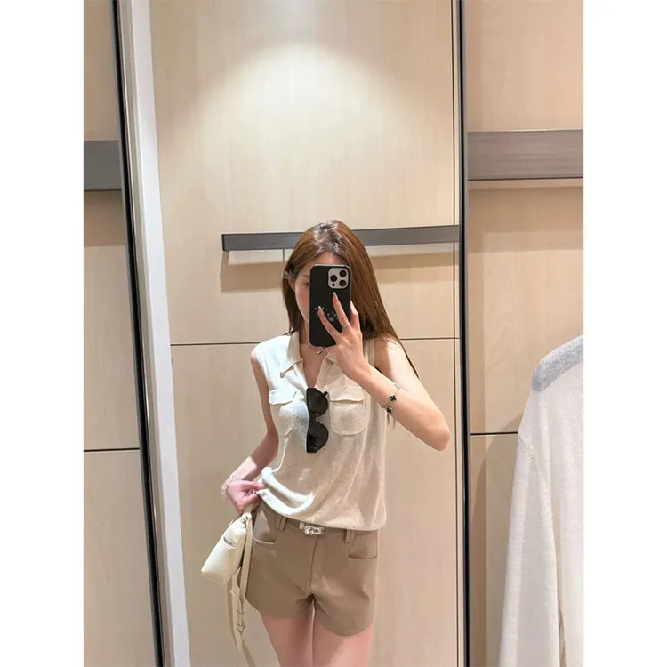 美式复古夏季新款小众2025翻领无袖上衣高腰修身显瘦设计感短裤女