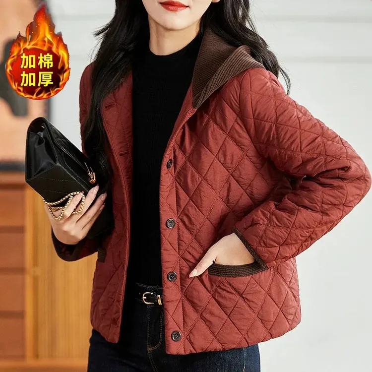 2025冬季菱形轻薄棉服女外套保暖棉衣时尚短款洋气减龄连帽小棉袄