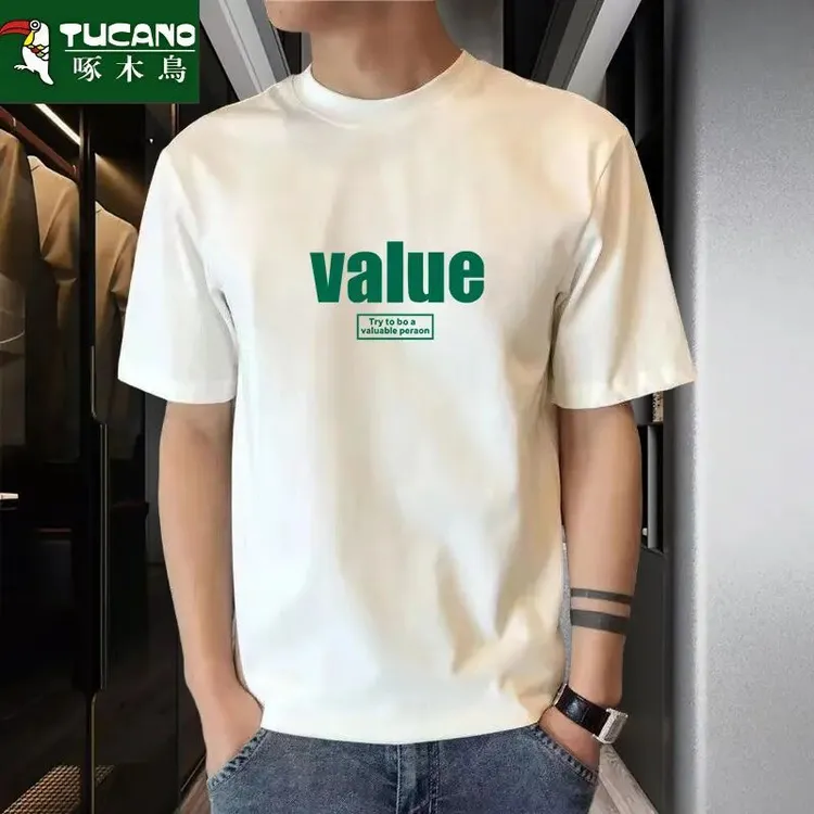 啄木鸟2025夏季重磅纯棉T恤男潮流全棉t百搭学生圆领印花半袖体恤
