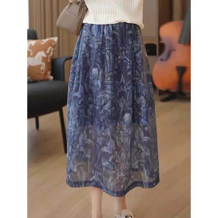 2025夏装新款流行女装时尚花色半身裙中长款松紧腰显瘦花苞裙