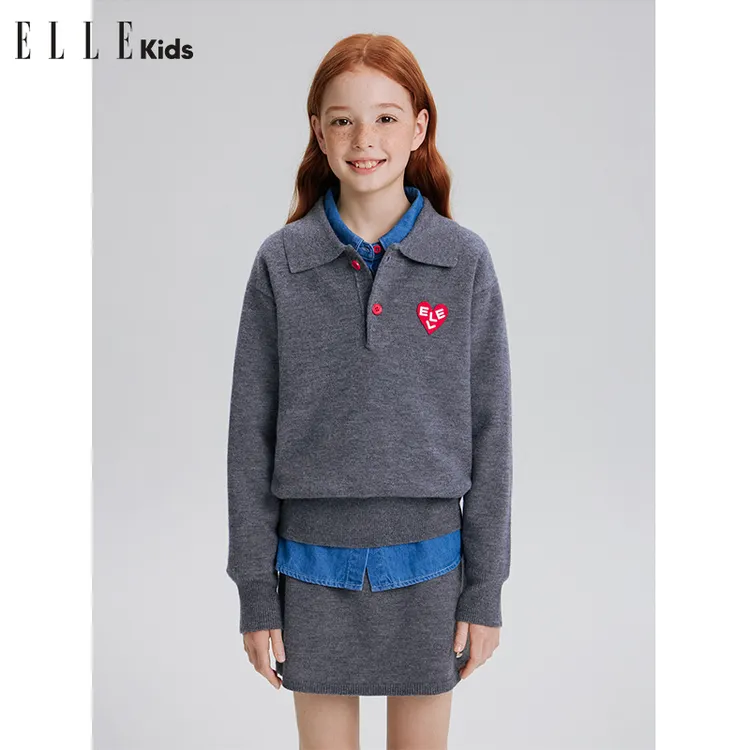 ELLE KIDS童装秋季学院风翻领爱心绣标针织毛衣长袖半身裙套装Q2