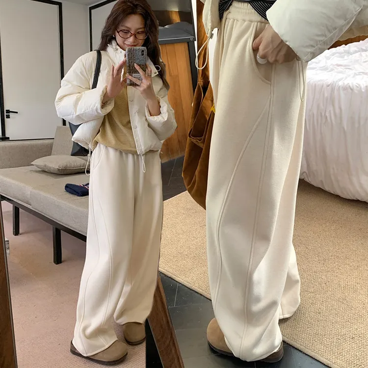 米白色阔腿裤女秋冬高腰加厚卫裤宽松镰刀裤直筒裤垂感弯刀裤子