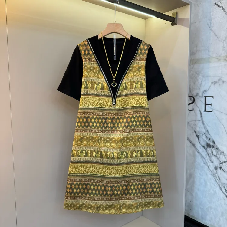 欧货复古印花拉链拼接后背蝴蝶结小众设计感时髦假两件连衣裙1913